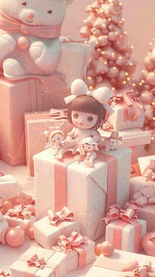 礼物粉色唯美C4D效果儿童小熊，圣诞树圣诞节