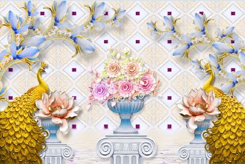 雕塑花盆孔雀背景墙
