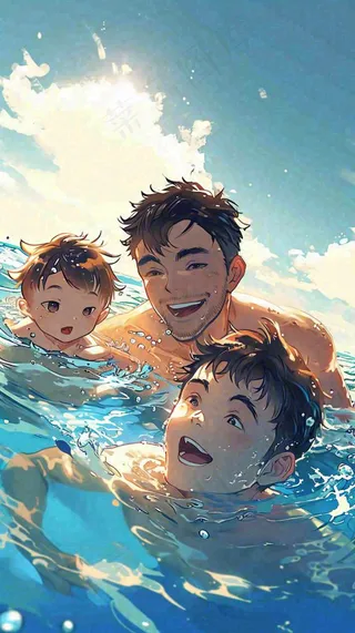 夏天游泳兄弟父子，父亲节父爱，清爽暑期夏至
