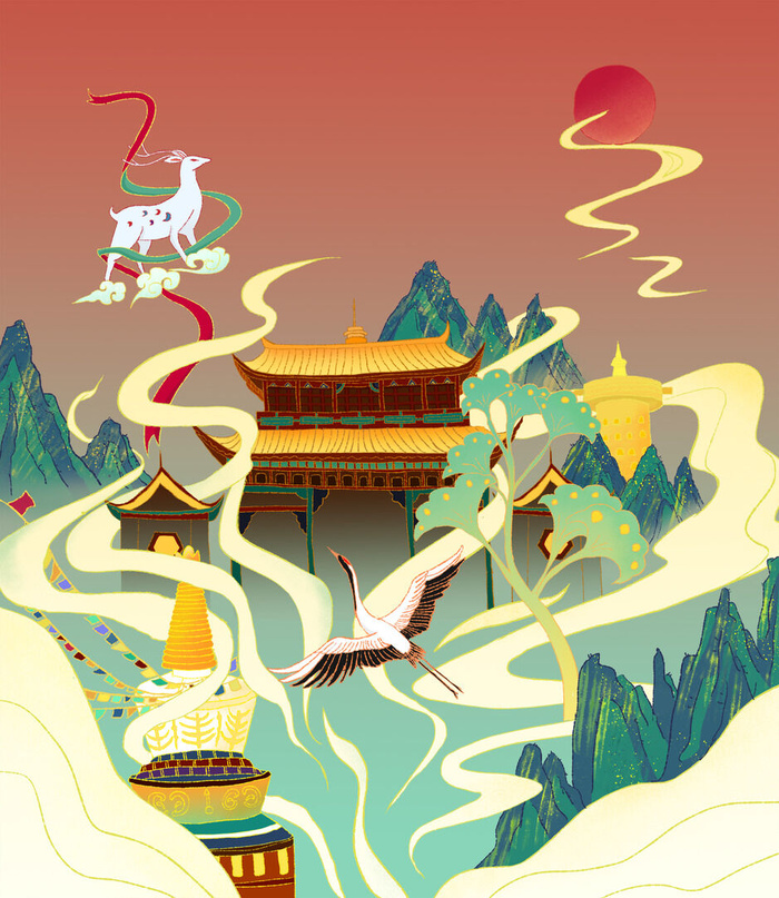 中国风国潮烫金仙鹤山水古建筑风景装饰插画背景PSD分层设计素材