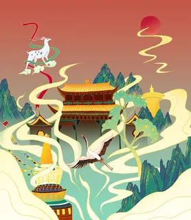 中国风国潮烫金仙鹤山水古建筑风景装饰插画背景PSD分层设计素材 中国风国潮烫金仙鹤山水古建筑风景装饰插画背景PSD分层设计素材