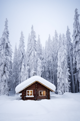 冬天雪景里的小木屋挂满雪的松树摄影图
