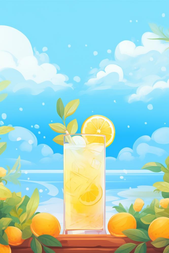 清新蓝天冰饮柠檬冰块插画背景(896x1344)
