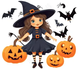 万圣节女巫蝙蝠南瓜卡通插画免抠