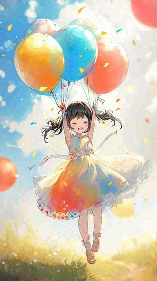 一个可爱的小女孩手里牵着彩色气球在草地上奔跑夏天，儿童节