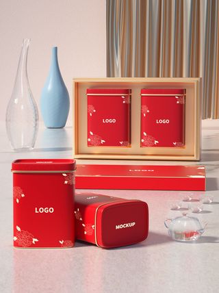 高端品牌茶叶包装盒纸袋智能贴图样机产品效果图展示PSD素材模板