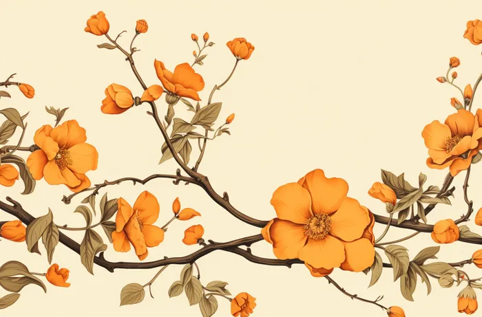 橘黄色花朵藤蔓插画素材背景(4080x2688)