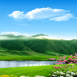 相册模板蓝天白云青山绿水梅花鲜花小河客厅装饰画高清背景图