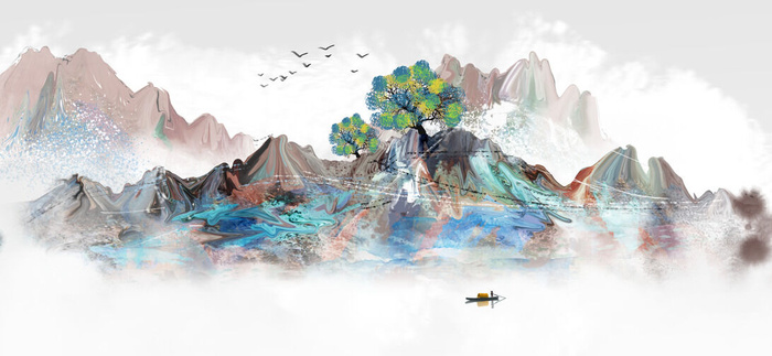 山峰湖泊艺术画PSD素材