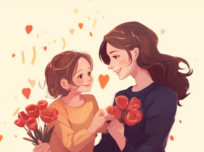 母亲节妈妈拥抱着孩子花海手绘插画素材海报背景(1264x944)