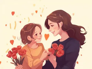 母亲节妈妈拥抱着孩子花海手绘插画素材海报背景