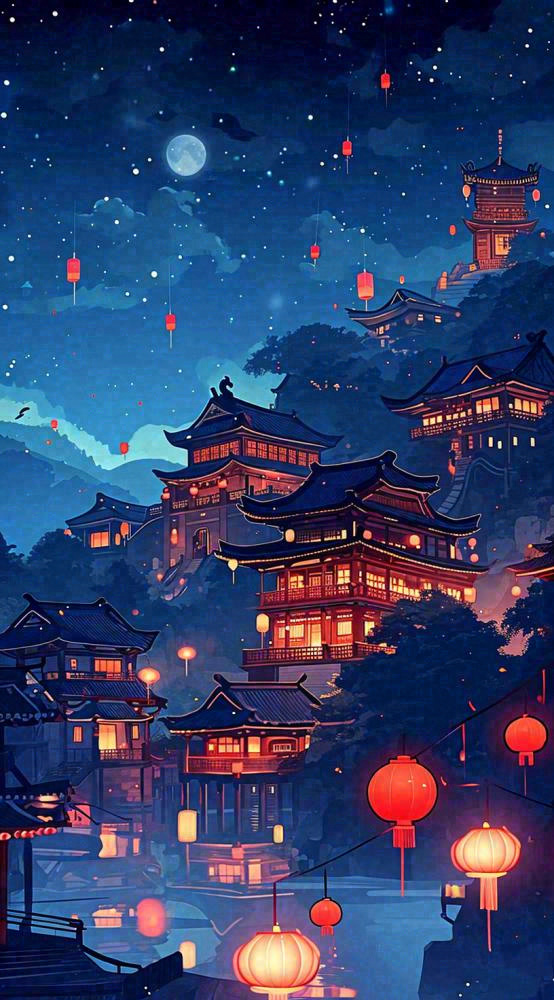 夜晚夜景月亮国风建筑灯笼星空浪漫，恐怖悬疑