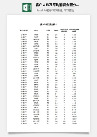 客户人数及平均消费金额分析excel模板