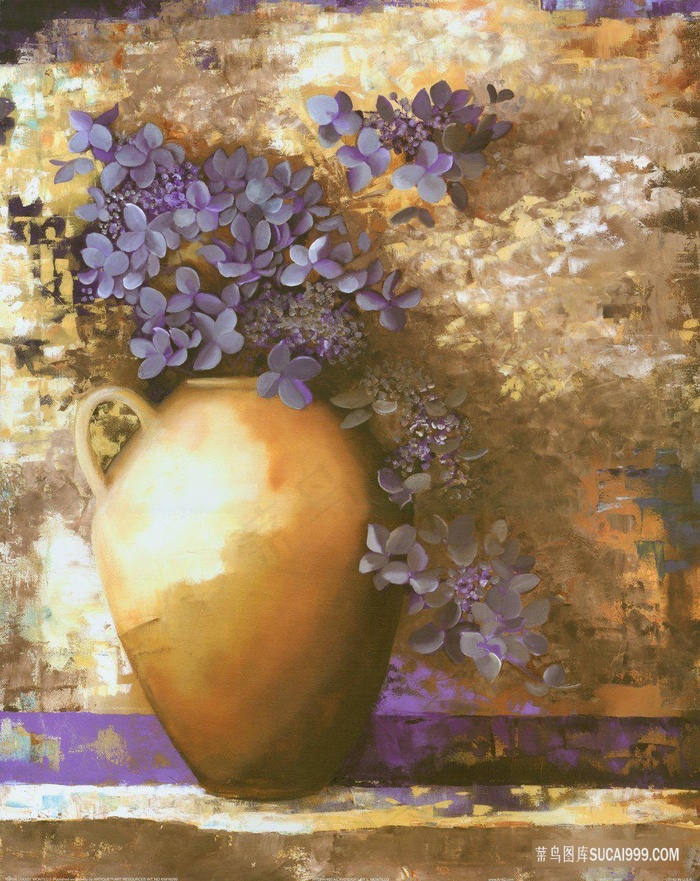 紫色花卉罐子油画