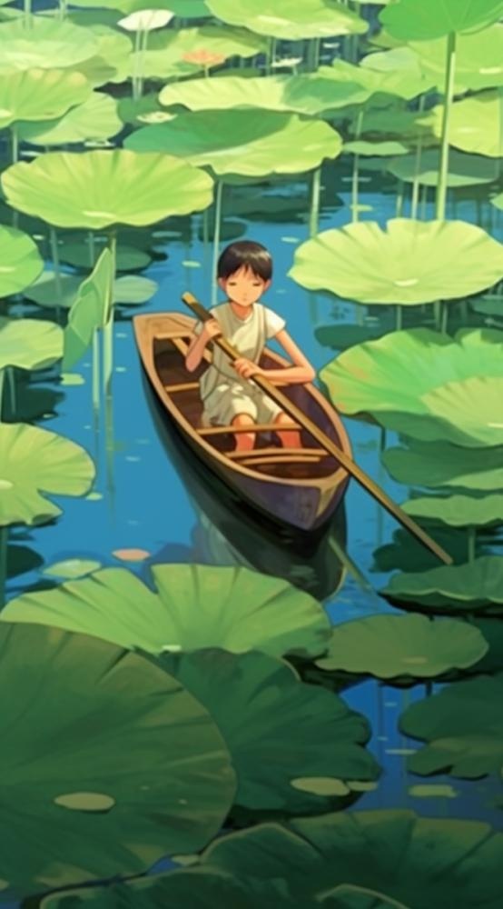 荷花荷叶池里划船的少年绿色插画背景(665x1200)