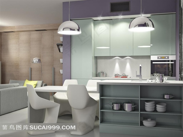 欧式厨房里的吊灯餐具