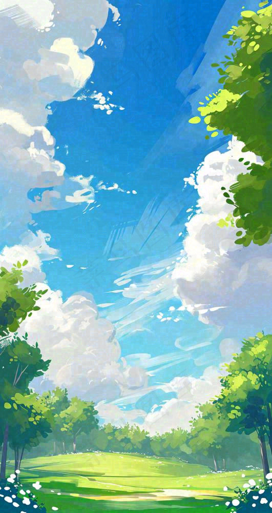 蓝天白云小花绿树树木草地插画手绘，春天春分