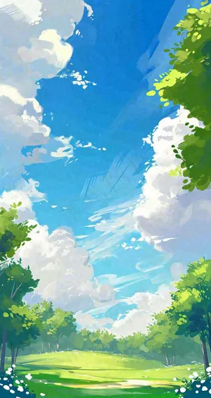 蓝天白云小花绿树树木草地插画手绘，春天春分