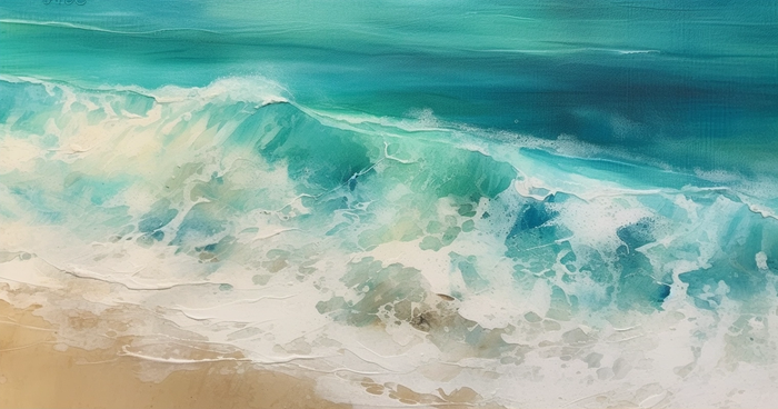 海浪拍打沙滩的水彩插画背景(4560x2400)
