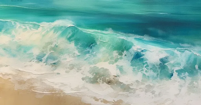 海浪拍打沙滩的水彩插画背景(4560x2400)