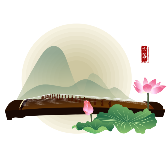 古琴 荷花 古代乐器 古风 水墨
