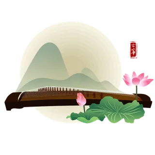 古琴 荷花 古代乐器 古风 水墨