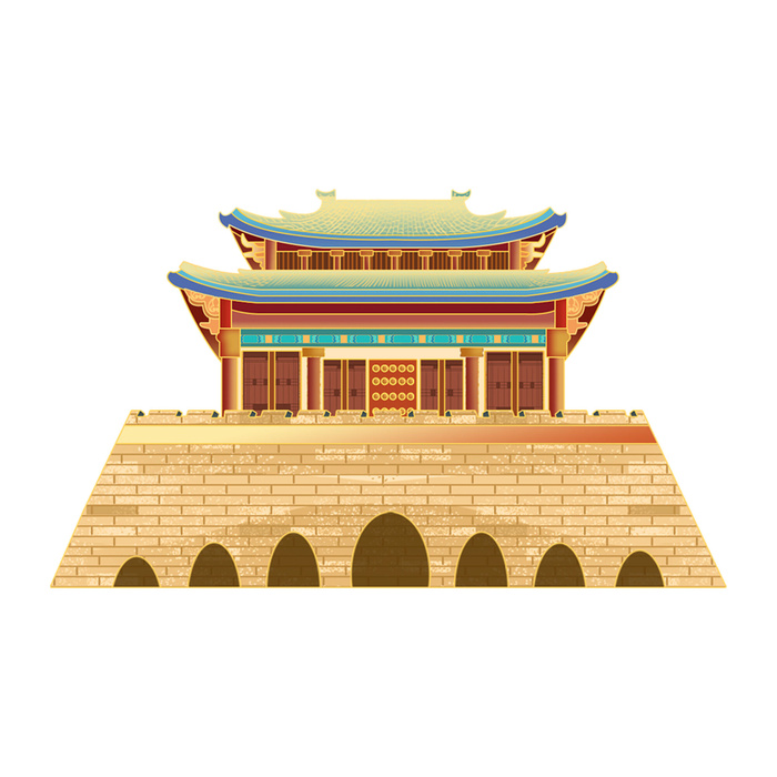 复古中国风国潮古建筑插画手绘高楼古塔PSD素材亭子png免抠图