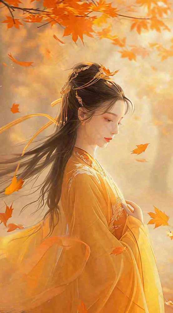 中国风秋天秋叶橙色古风美人手绘插画(816x1472)