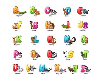 卡通彩色字母表与不同动物的矢量图解