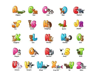 卡通彩色字母表与不同动物的矢量图解