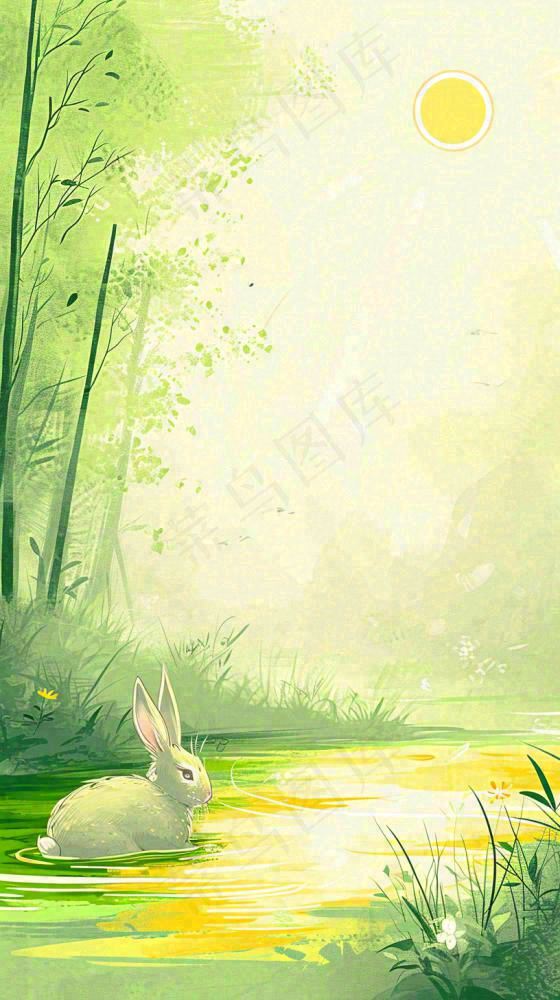 夏日森林丛林阳光绿色河面草丛树木手绘插画，夏至小暑大暑(816x1456)