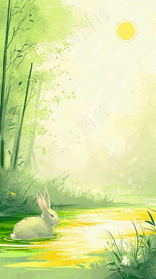 夏日森林丛林阳光绿色河面草丛树木手绘插画，夏至小暑大暑