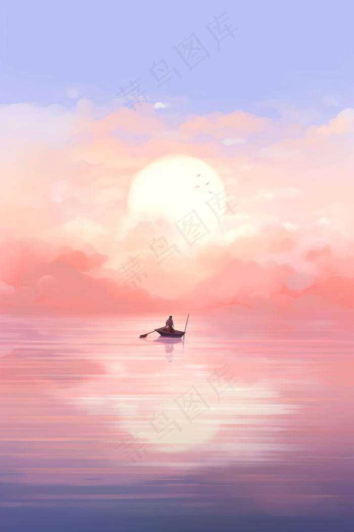 粉紫色天空和湖泊上划船的人梦幻卡通插画素材背景