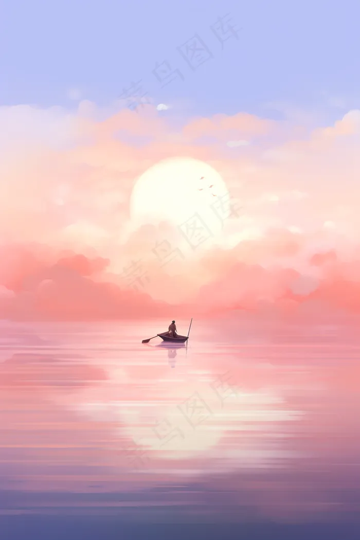 粉紫色天空和湖泊上划船的人梦幻卡通插画素材背景