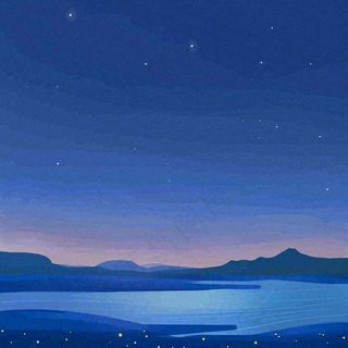 夜晚河面星空月亮唯美夜景扁平插画手绘