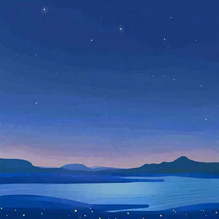 夜晚河面星空月亮唯美夜景扁平插画手绘