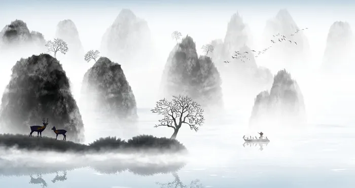毛笔水墨风景画PSD素材psd模版下载