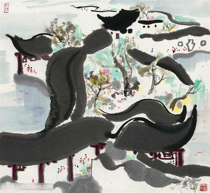 吴冠中手绘水墨树木风景画装饰画