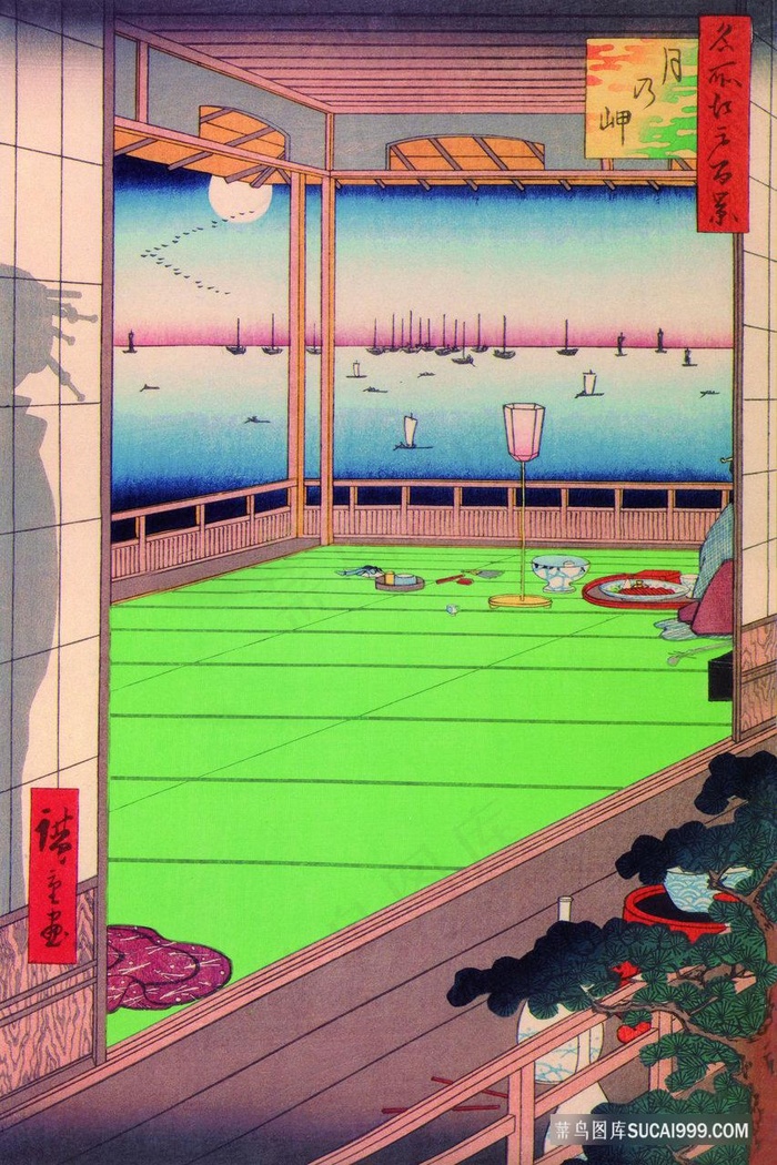 湖畔庭院高清风景画插画