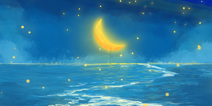 夏天星空夜景大海月亮海景插画背景