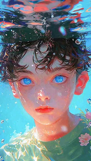 夏天少年男孩海底游泳水面，夏至小暑儿童节