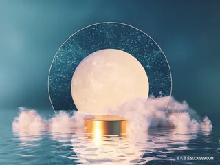 梦幻唯美墨绿色星空海水烟雾月亮电商展台场景海报背景图片