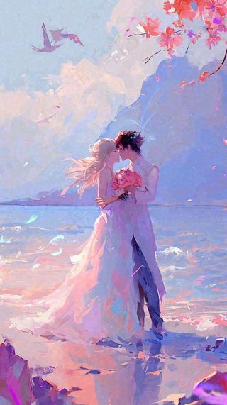 海边爱情情侣浪漫拥抱接吻，情人节婚纱照手绘插画