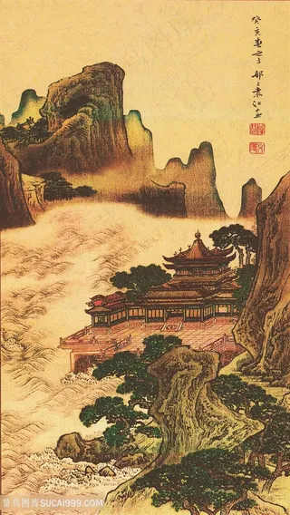 中国风界画水墨山水图
