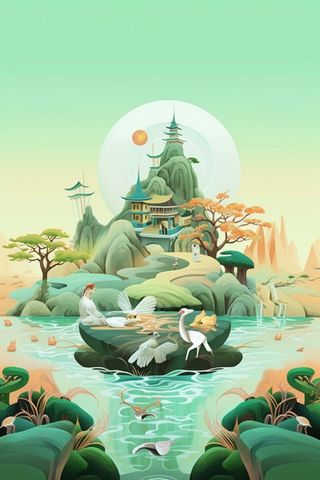 国潮清新山水仙鹤背景图