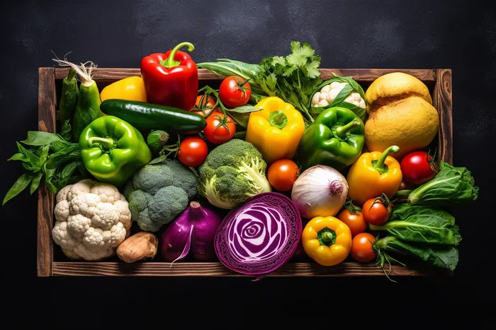 蔬菜木箱装满各种各样的蔬菜摄影图(4032x2688)