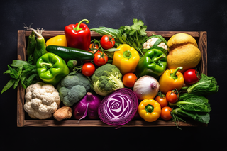 蔬菜木箱装满各种各样的蔬菜摄影图