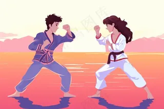 跆拳道对抗男女卡通插画素材背景