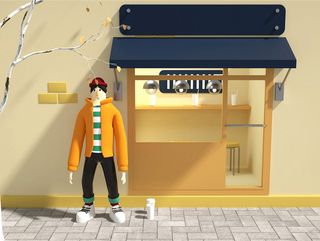 秋季卡通ip男人咖啡店街景C4D创意场景