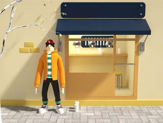 秋季卡通ip男人咖啡店街景C4D创意场景